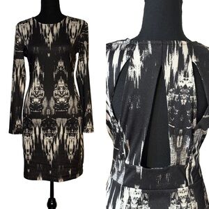 Black and White Patterned Long-Sleeve Sheath Dress